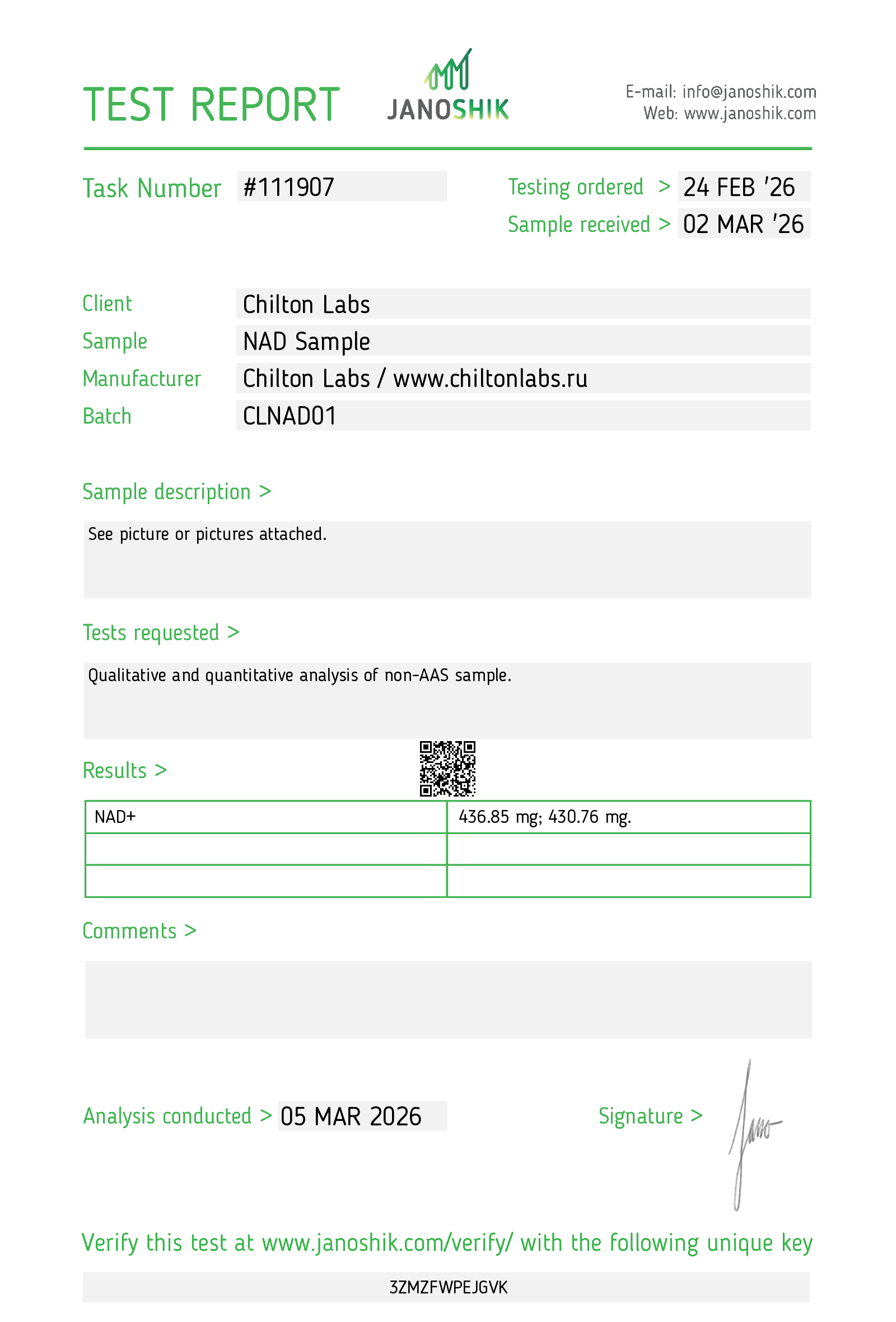 NAD+ Lab Report CLNAD01
